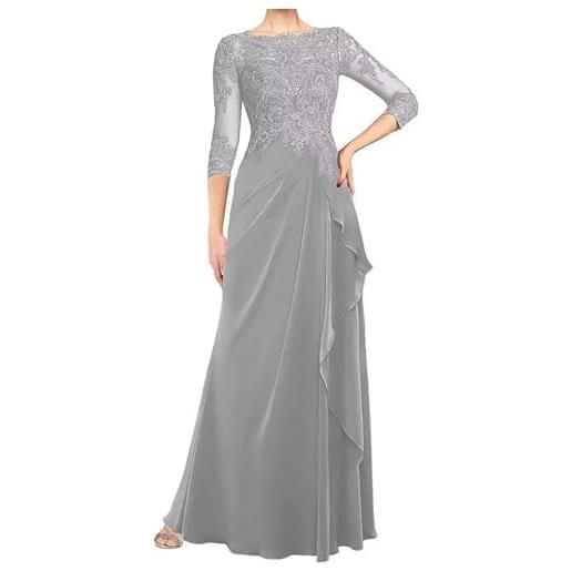 WSEYU abiti da sposa per la madre della sposa per il matrimonio lunghi con maniche a 3/4 ricami in pizzo pieghe abiti per la madre dello sposo con scollo a barchetta, argento, 46