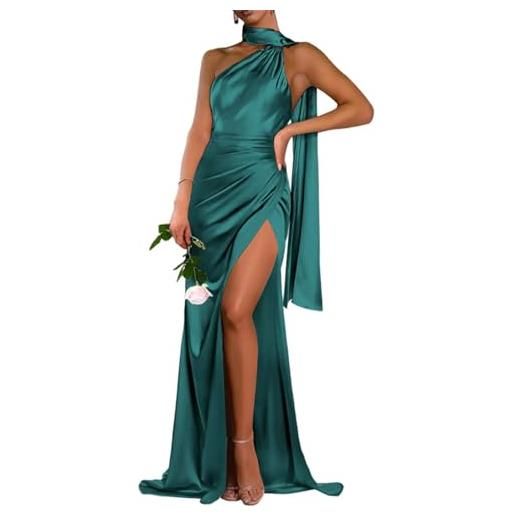 WSEYU abito da ballo da donna in raso con fessura una spalla sirena abiti da sera formale, verde ottanio. , 40