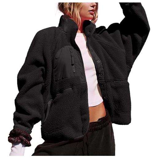 YongXinMY giacca da donna in pile sherpa con bottoni e tasche, casual, oversize, tinta unita, a maniche lunghe, per autunno inverno, rosa, s