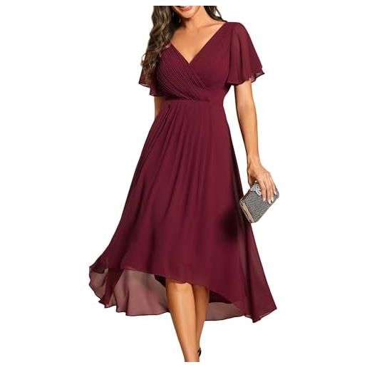 Ever-Pretty abiti da sposa donna manica corta collo a v midi chiffon gonne estive borgogna 46