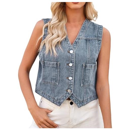 Generic corpetto di jeans da donna, pulsante anteriore giubbotto smanicato donna scollo a v elegante gilet jean giacca in denim effetto outerwear per l'uso quotidiano, estivo