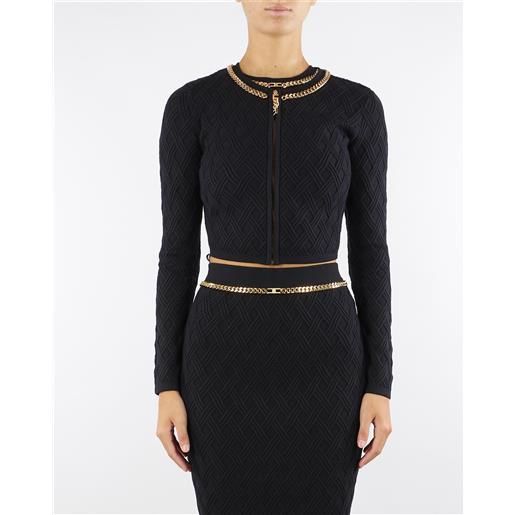ELISABETTA FRANCHI cardigan nero in maglia a rombi con dettaglio gioiello