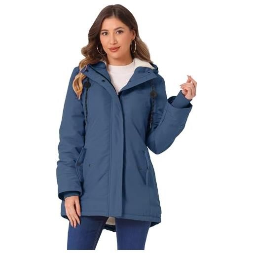 Allegra K donna parka con tasche in vita e cappuccio in pelliccia sintetica blu navy xs