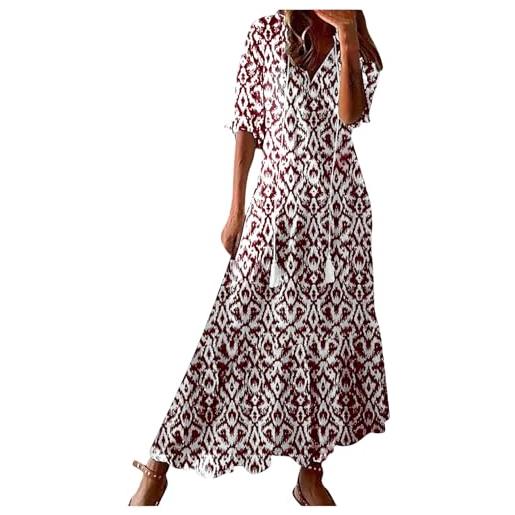 Generic abiti estivi da donna uk liquidazione casual swing maxi sundress vendita bohemian stampa floreale volant manica 3/4 scollo a v abito fluente a strati con nappa coulisse plus size my order, 05 # vino