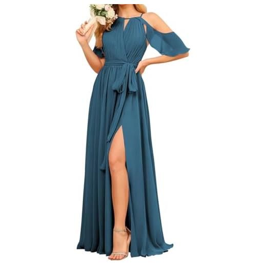 WSEYU halter principessa abiti da damigella d'onore spalla fredda prom dresses chiffon abito da sera formale con spacco zm055, blu ottanio, 48