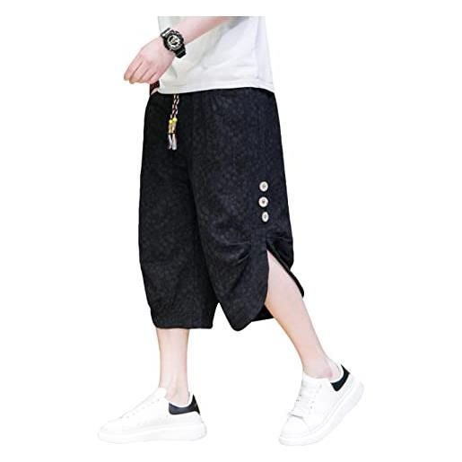 DOSLAVIDA pantaloni capri da uomo casual in lino, leggeri, vestibilità larga, pantaloni harem a 3/4 con coulisse, pantaloncini lunghi per yoga e spiaggia, a-nero, l