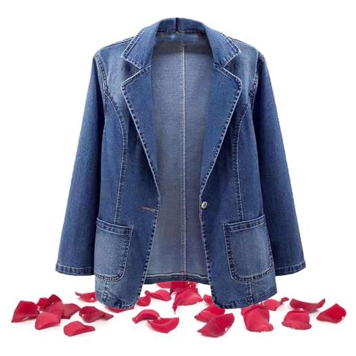 WUQILONGBANG blazer in denim da donna, 2024 nuovo cappotto di jeans casual taglie forti monopetto, giacca in denim aderente, blu, 3xl