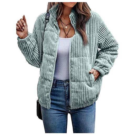Vagbalena delle donne bomber giacca di velluto a coste trapuntato zip manica lunga giacca invernale autunno con tasche top caldo giacca classica di autunno e giacca invernale (verde, xl)