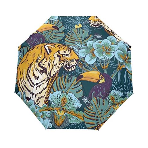 TropicalLife ombrello tropicale foglia di palma tigre toucan antivento 3 piegare ombrello auto open close per donne uomini ragazzi unisex ultraleggero viaggi esterni ombrello