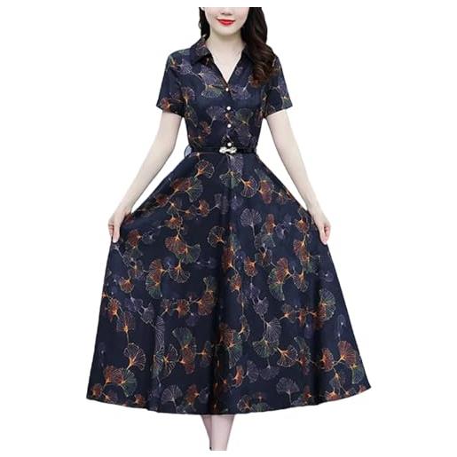 Pegsmio elegante abito aderente in seta da donna, estivo, a maniche corte, abito midi con stampa vintage, nero , l