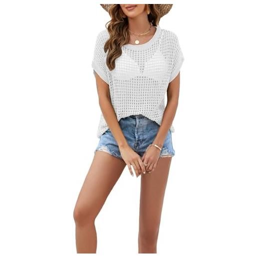 SLRQVFZY canotte lavorate all'uncinetto da donna, estive, traforate, in maglia, per bikini, stile boho, maniche corte, trasparenti, a maniche lunghe e basse, per le vacanze al mare, bianche, taglia s
