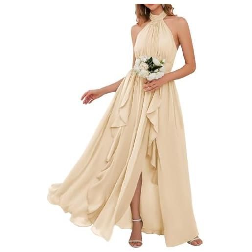 WSEYU halter principessa abiti da damigella d'onore pieghettato prom dresses increspature chiffon slit abito da sera formale zm174, champagne, 38