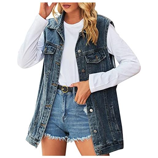 VaiKanhai giacca da donna senza maniche, in jeans, colore nero, oversize, taglie forti, in denim, con bottoni, elegante giacca di jeans destroyed, senza maniche, gilet in denim, blu 13. , xl