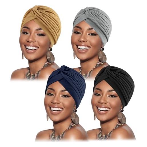 AQOKKA turbanti elastici in poliestere per le donne con nodo chemioterapico per il cancro copricapo pieghettato beanie twisted head wrap cappello per perdita di capelli, confezione da 4: caffè, blu navy