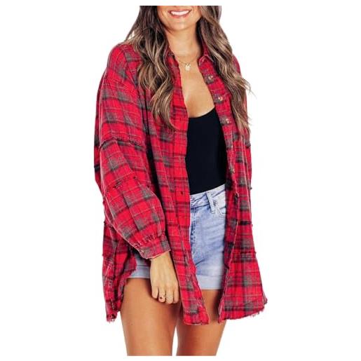 Generic camicia oversize da donna con cuciture grezze lavate con tasche, camicia di flanella da donna, rosso, m