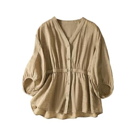 Pegsmio camicia da donna in cotone e lino a maniche lunghe con scollo a v per primavera ed estate, coreano, retrò, alla moda, cachi, l