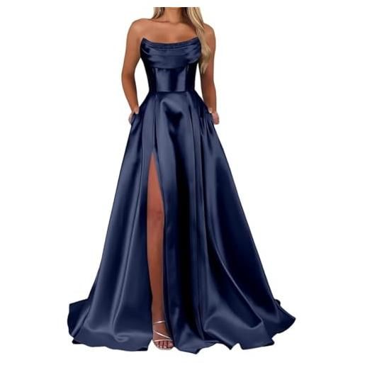 WSEYU abito da damigella d'onore in raso da donna, per matrimoni, serate, balli, cocktail, taglie forti, blu navy, 52