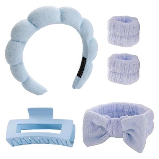 SSKHE fascia per capelli da donna, trucco con clip per capelli e polsini, fascia per trucco spa per cura della pelle, serra testa donna lavaggio del viso, accessori per doccia, sport, yoga blu