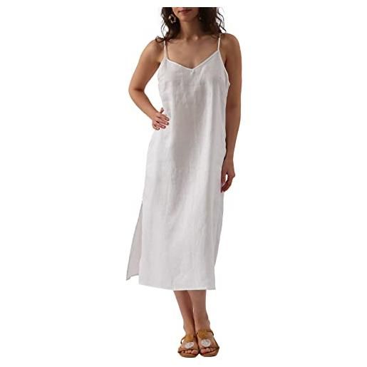 Amazhiyu abito estivo da donna, in lino, maxi abito estivo lungo, maxi abito floreale, con spalline sottili, senza maniche, scollo a v, con tasche, bianco, l