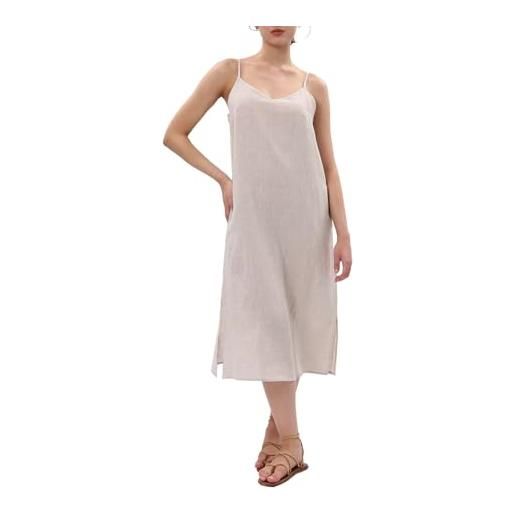 Amazhiyu abito estivo da donna, in lino, maxi abito estivo lungo, maxi abito floreale, con spalline sottili, senza maniche, scollo a v, con tasche, bianco, l