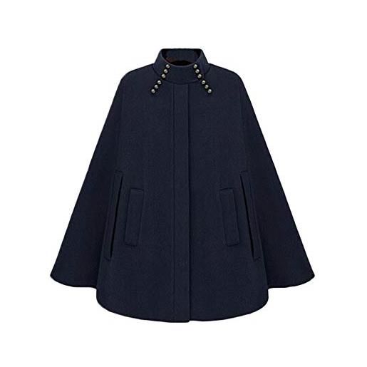 PengGengA donna maniche a pipistrello larghe moda di lana asimmetrico mantello cappotto stile militare blu