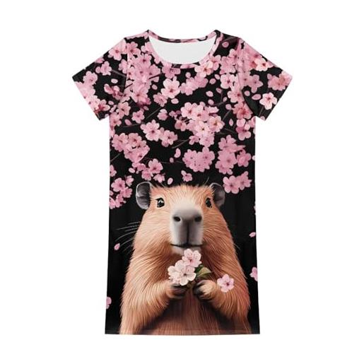 teeinprint camicia da notte estiva per ragazze, a maniche corte, per bambini dai 5 ai 14 anni, fiore di ciliegio capibara, 11-12