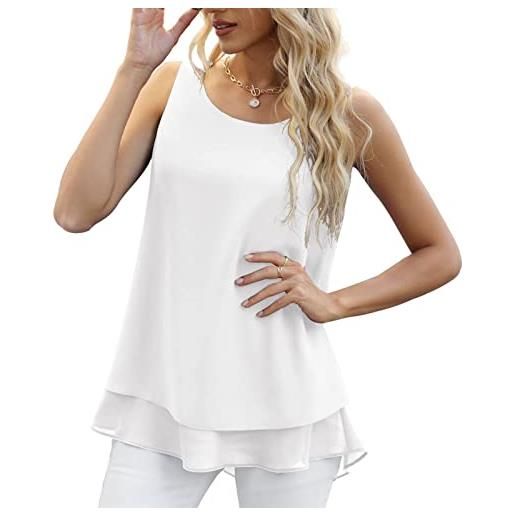 Ausla top in chiffon da donna, girocollo a doppio strato, colore puro, tipo ampio, t-shirt estiva senza maniche(s-bianco)