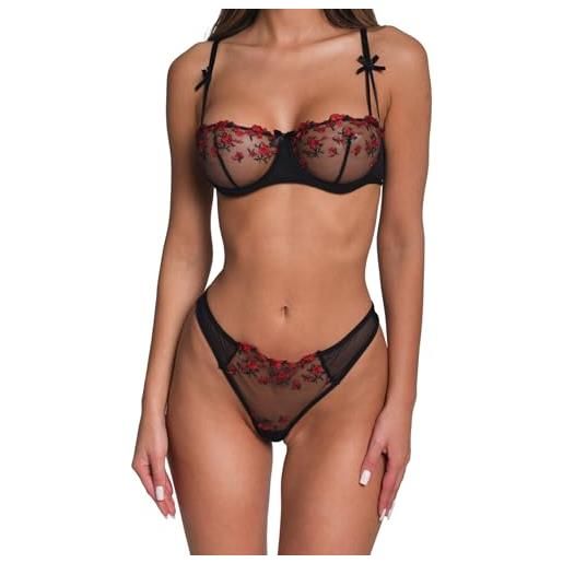 Carré Chic set di lingerie in pizzo a 2 pezzi, reggiseno ricamato con perizoma abbinato, motivo floreale trasparente (nero, s)