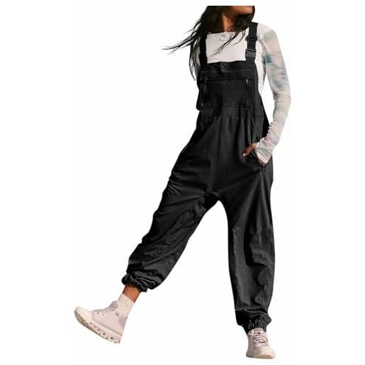 BRONG donna salopette gamba larga tuta regolabile cinghie regolabili pantaloni salopette ampia a sacchetto lunga tuta nero s