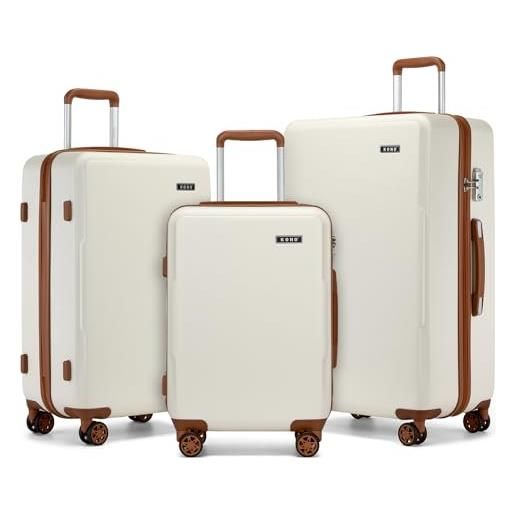 KONO set di 3 valigie trolley bagaglio a mano pc+abs guscio rigido valigia leggero durevole doppie ruote girevoli tsa blocco di sicurezza, crema/marrone