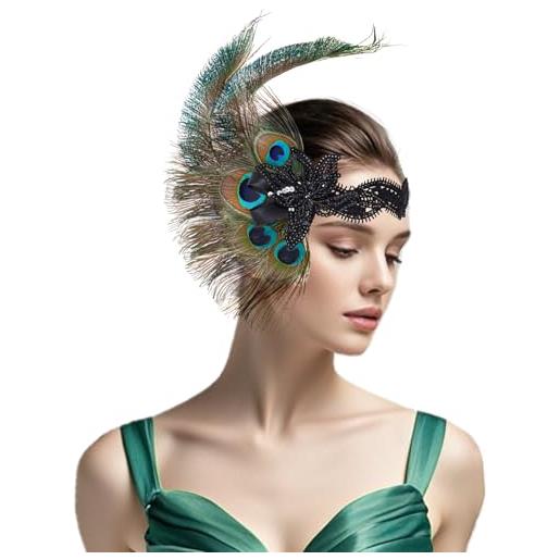cnomg fascia per capelli vintage anni '20 con piume di pavone, accessorio per capelli con piume di pavone, accessori per capelli per donne e ragazze, decorazione per feste a tema gatsby