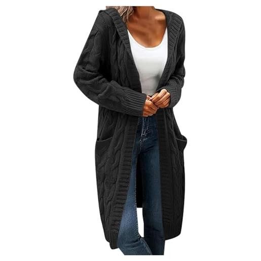 Fulidngzg cardigan donna invernale lungo in maglia cotone misto con cappuccio maglione primaverile vento termica leggera elegante giacca taglie forti curvy casual comodo autunno per casa lavoro, nero, l