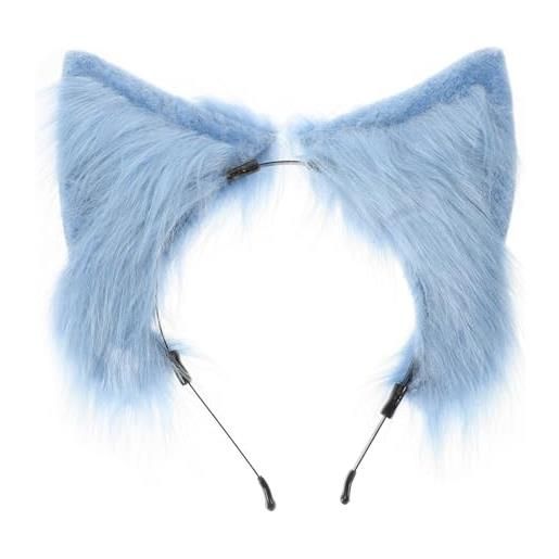 DEARMAMY coparino per orecchie di gatto coda festival fascia per l'orecchio in peluche fascia pelosa per donne ragazze copricapo di animali dei cartoni animati fascia sfocata tessuto blu