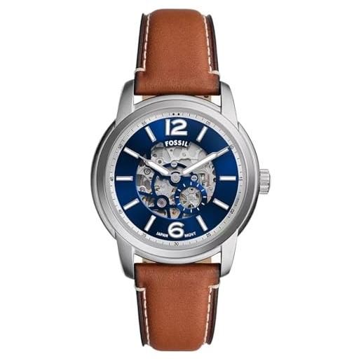 Fossil orologio heritage da uomo, movimento automatico con cinturino in acciaio inossidabile o in pelle, 43 mm, marrone e blu
