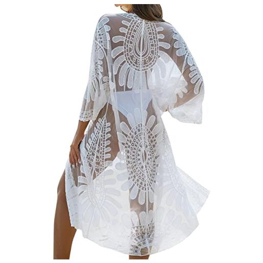 Blooming Jelly costume da bagno donna coprire pizzo floreale crochet beachwear lungo kimono cardigan, bianco, taglia unica
