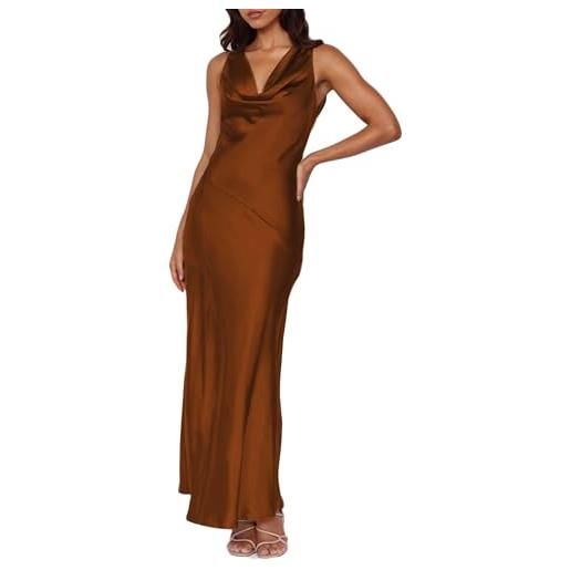 KOUNAI abito da sposa maxi senza maniche in raso con collo ad anello senza maniche in seta aperto sul retro allacciato sul retro abiti formali da ballo per le donne, marrone, m