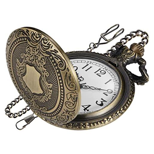 Realpoo bronze shield orologio da tasca da uomo, numeri arabi, scala digitale al quarzo, orologio da tasca al quarzo da uomo con catena, marrone, multi, classico