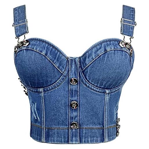 PEWRESLORS canottiera da donna in denim, corsetto con spalline staccabili, push-up (bottoni), blu, 4c