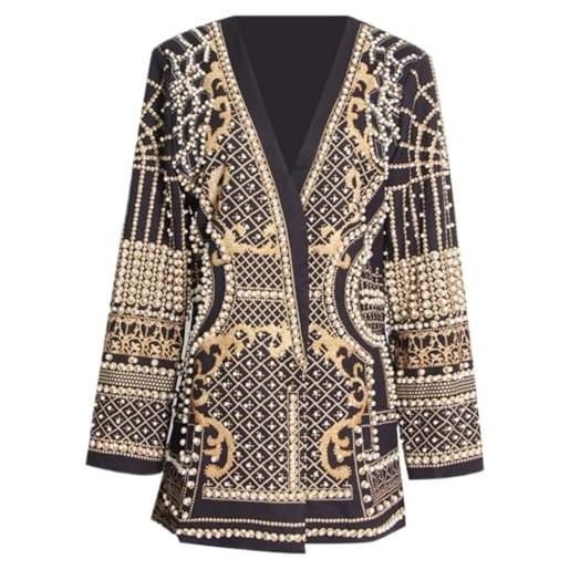 Hecatombic moda donna v collo perline stampato blazer elegante manica lunga slim fit con tasche abito cappotto banchetto partito cappotto (giallo, m)