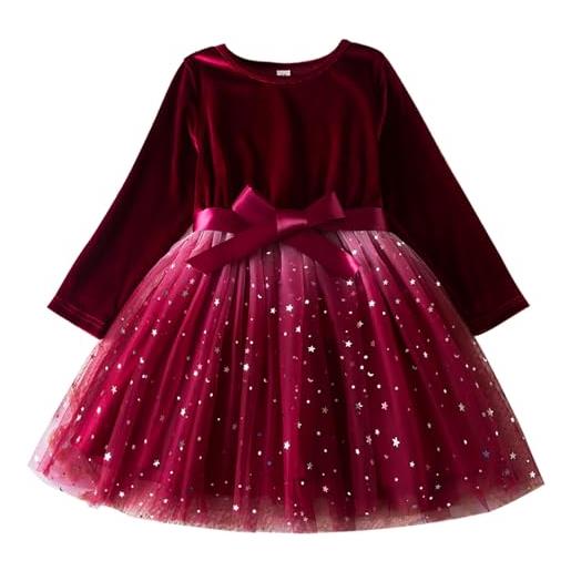 Mjjsk vestito a maniche lunghe per bambine in velluto scintillante tulle vestito da principessa compleanno per bambini festivo casual abiti da festa vestito natalizio, rosso, 4 anni