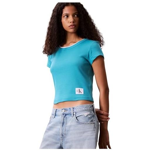 Calvin Klein donna t-shirt maniche corte woven label rib baby tee con scollo rotondo, turchese (tuscan teal), s