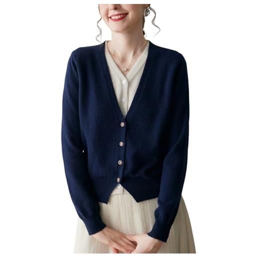 DISSA cardigan da donna in cashmere con scollo a v, a maniche lunghe, in cashmere e lana, tinta unita, sottile, my2590, blu scuro, 42