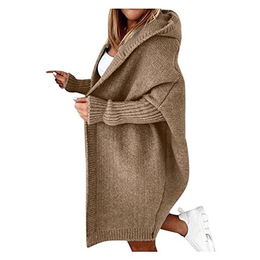 Generisch gilet da donna a maniche lunghe, in tinta unita, con cappuccio con maniche a pipistrello, maglione aperto con strass, cachi, m