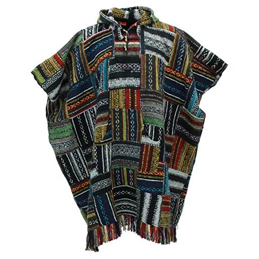 LOUDelephant poncho lungo con cappuccio in cotone spazzolato gheri mexican style hoody, patchwork. , taglia unica