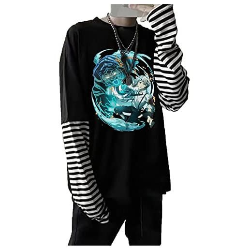 kewing anime bungou stray dogs atsushi nakajima cartone animato unisex hip hop manica lunga t-shirt harajuku manga a righe falso due pezzi t-shirt