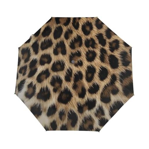 Mexpekil ombrello compatto con stampa leopardata rustica da viaggio, forte antivento, pieghevole, protezione uv, sole e pioggia
