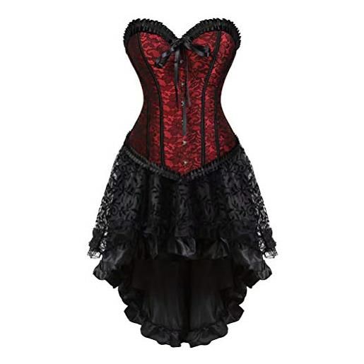 Josamogre sexy corsetto con gonna lungo irregolare bustino stampa pizzo elegante donna burlesque halloween medieval rosso s