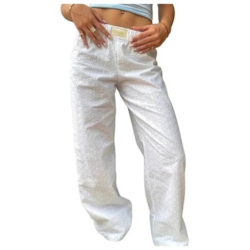 DSAoTeng pantaloni da donna a righe elastici a vita alta larghi pantaloni a gamba larga - moda casual con coulisse boxer streetwear pantaloni della tuta, bianco, s