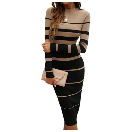 Sumleno 2025 - vestito da donna a righe, a maniche lunghe, girocollo, aderente, a costine, vestibilità aderente, cachi, xx-large