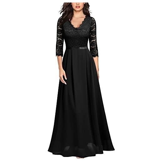 Generic maxi abito da sera lungo in pizzo floreale formale da donna con maniche a 2/3 (nero, l)